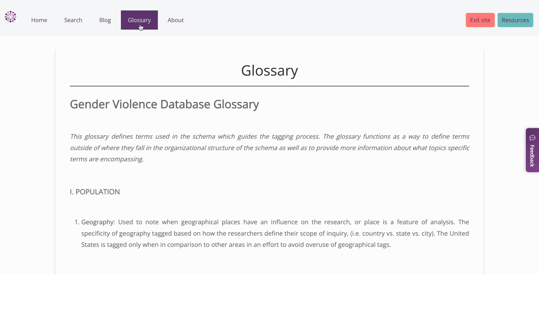 Previous Gender Violence Database glossary